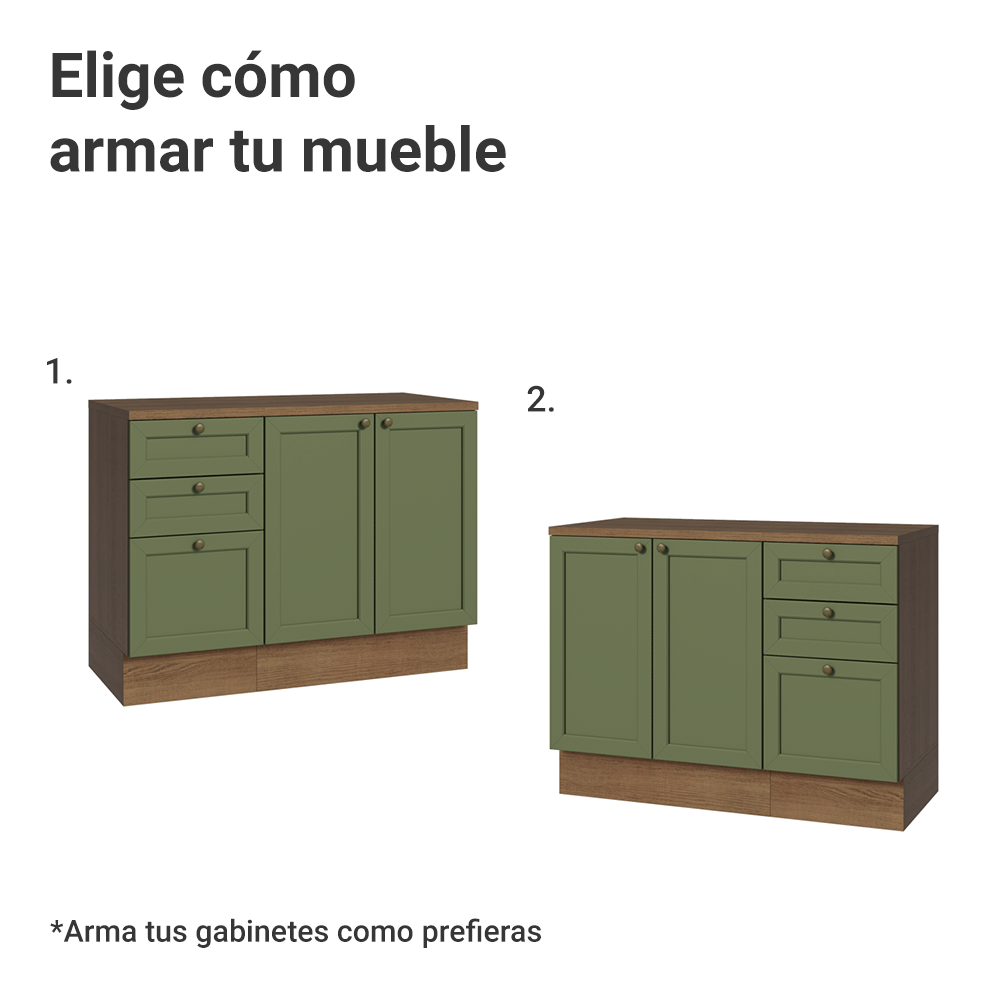 Combo Gabinete Bajo para Baño 110cm 3 Gavetas 3 Puertas Marrón/Verde Vik Madesa 01