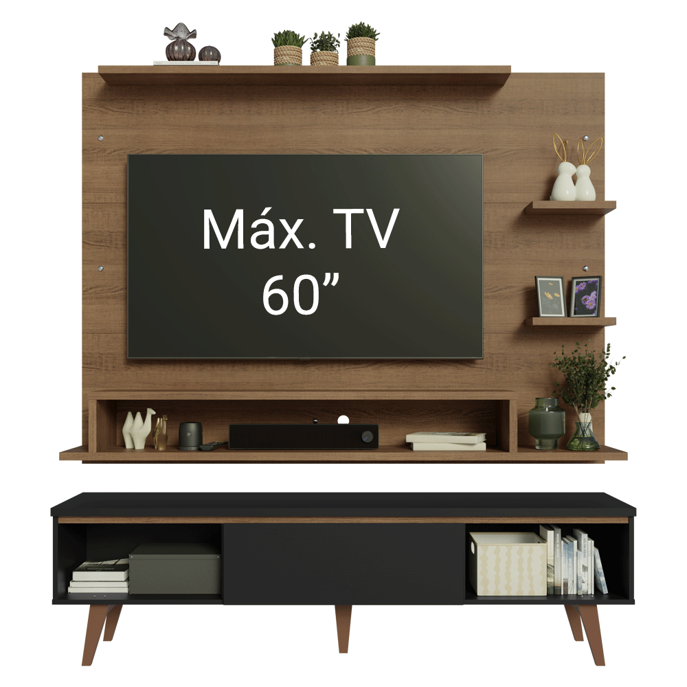 Mueble con Panel para TV hasta 60 Pulgadas 180 cm con patas Marrón/Negro/Marrón Reims Madesa