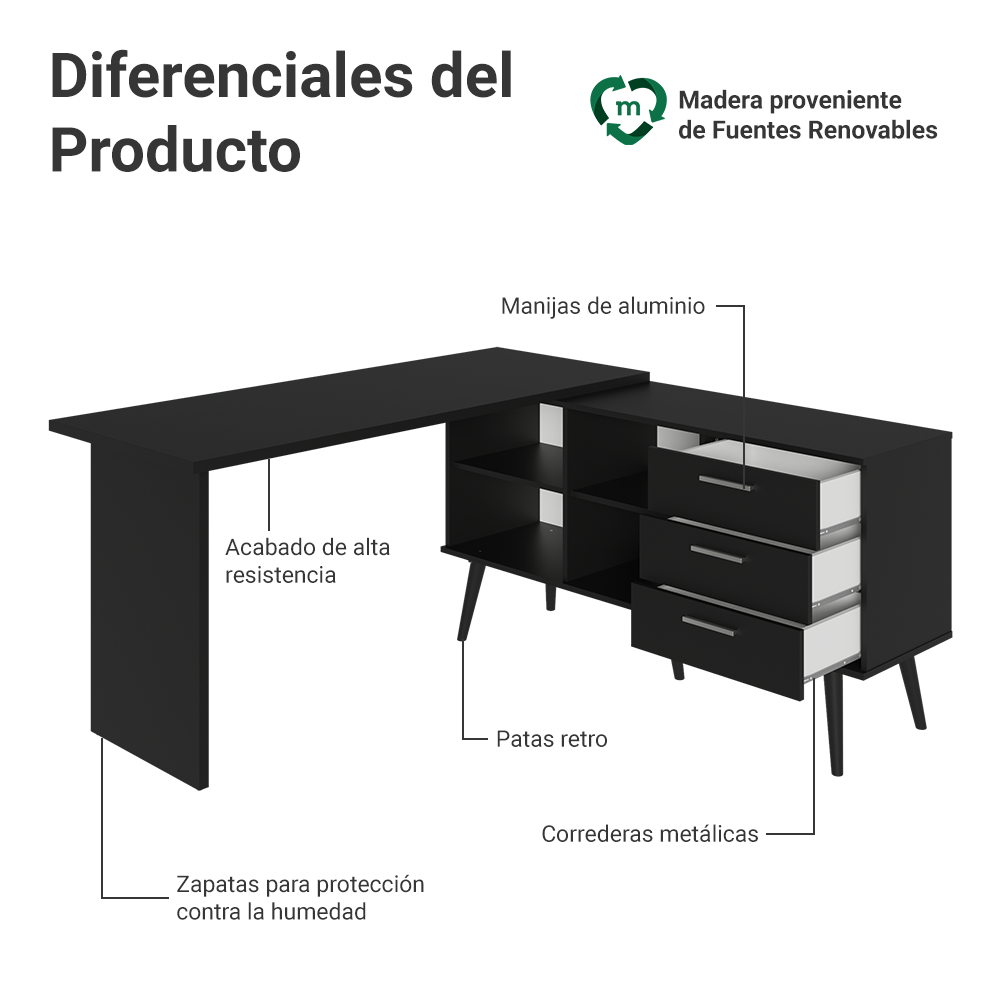 Escritorio Esquinero para Computadora Gamer 3 Cajones Negro Lisboa 07
