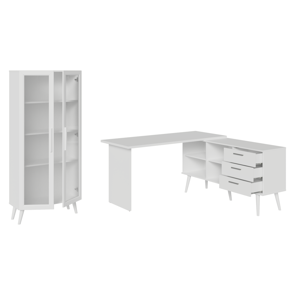 Kit 2 Piezas con Escritorio Esquinero 3 Cajones y Vitrina Multiuso Blanco