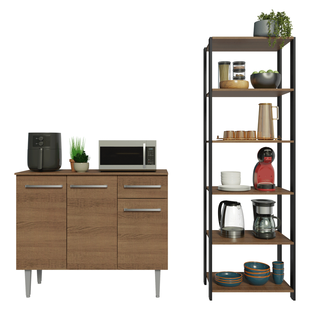 Kit Cocina Gabinete Bajo 3 Puertas 1 Cajón y Estante Despensero 5 Niveles Marrón/Negro