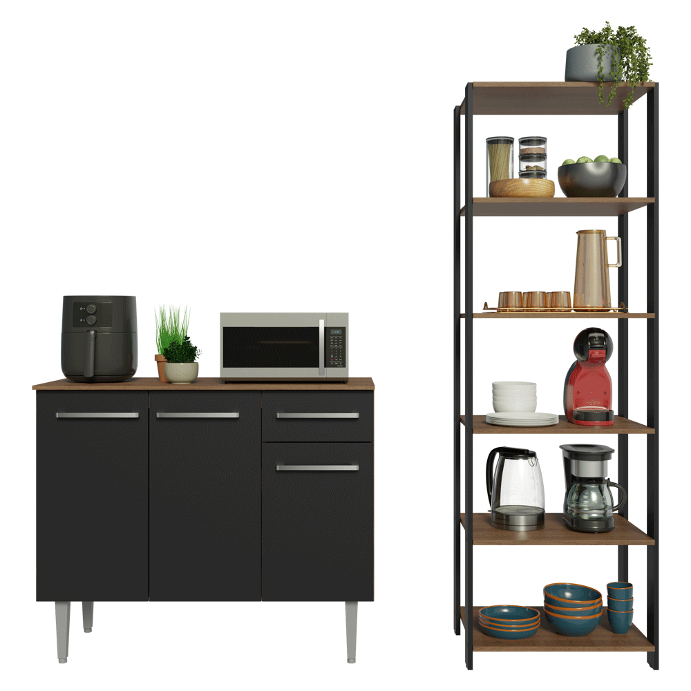 Kit Cocina Gabinete Bajo 3 Puertas 1 Cajón y Estante Despensero 5 Niveles Negro/Marrón