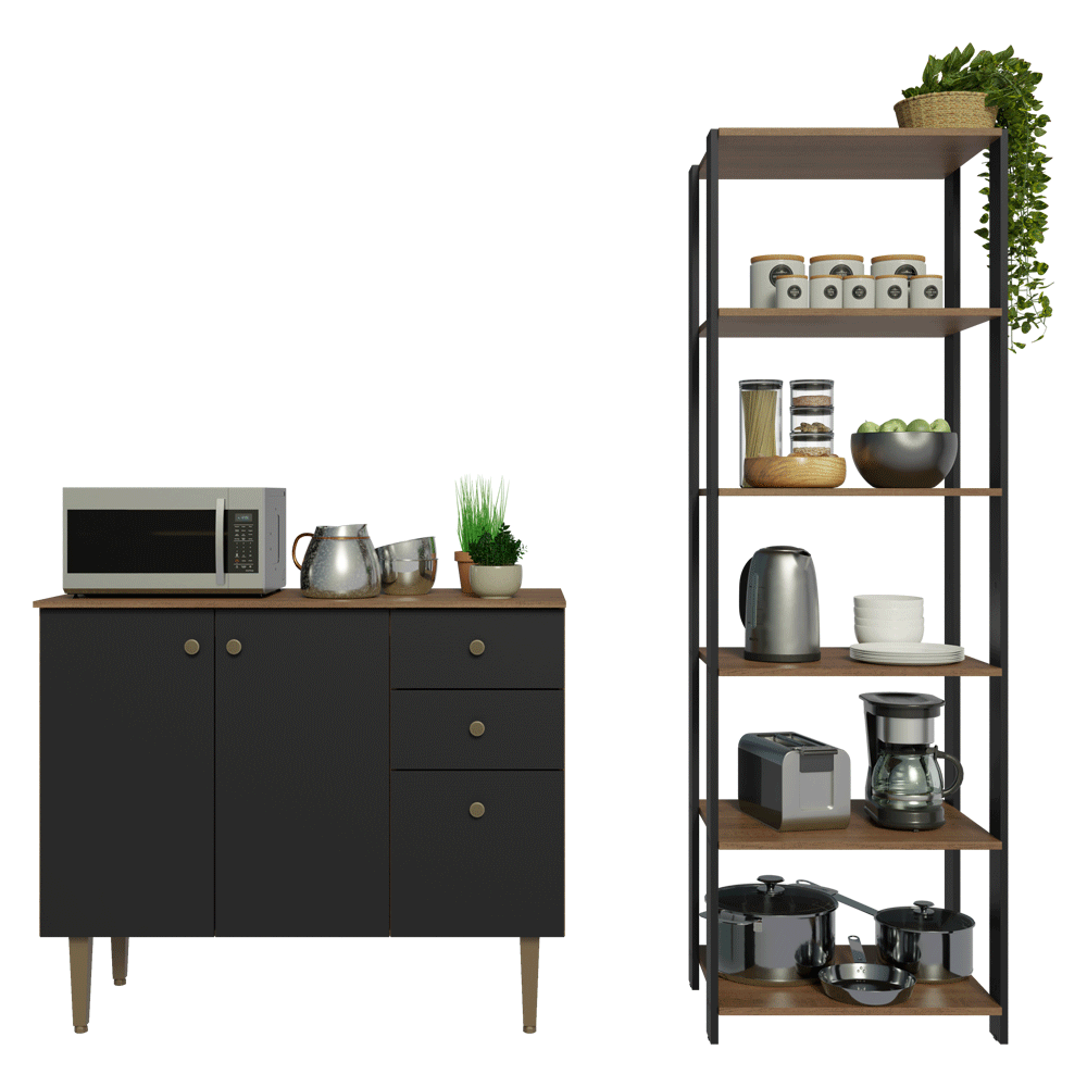 Kit Cocina Gabinete Bajo 3 Puertas 2 Cajones y Estante Despensero 5 Niveles Marrón/Negro