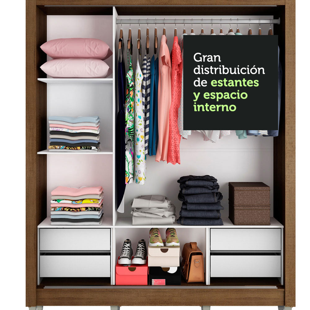 Clóset Matrimonial Lyon Plus 3 Puertas Correderas con Espejos 4 Cajones con Patas Marrón/Blanco