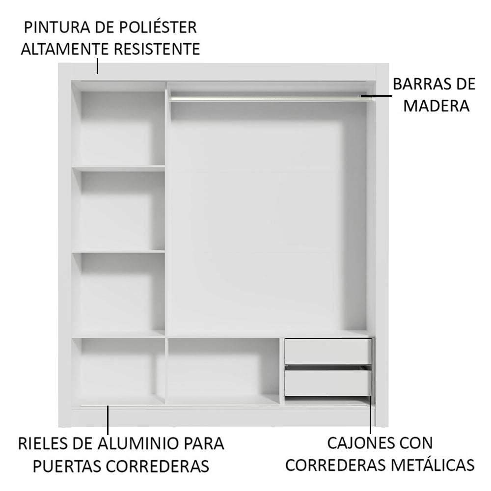 Clóset Matrimonial Lyon 3 Puertas Correderas con Espejos 2 Cajones Blanco/Negro