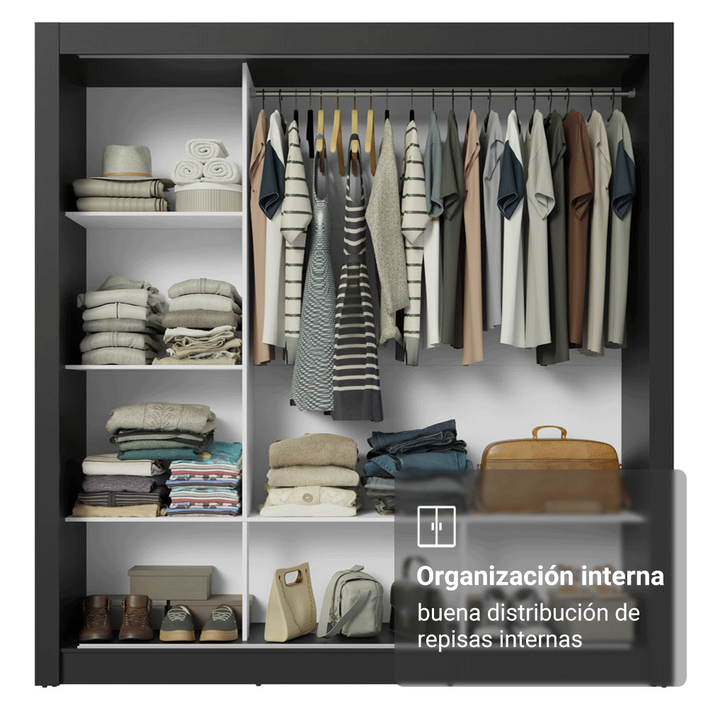 Clóset Matrimonial 3 Puertas Corredizas 1 con Espejo Negro Monaco