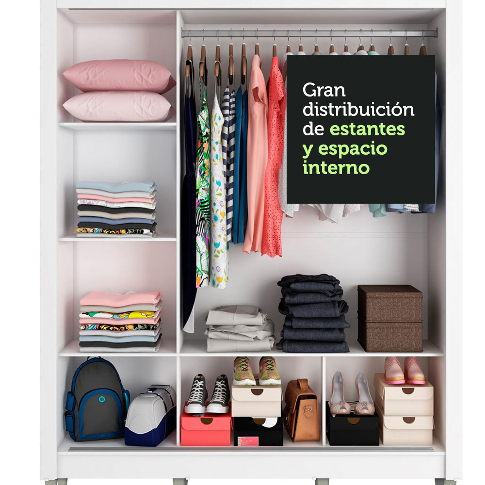 Clóset Matrimonial 3 Puertas Corredizas con Espejos con Patas Blanco/Marrón Monaco