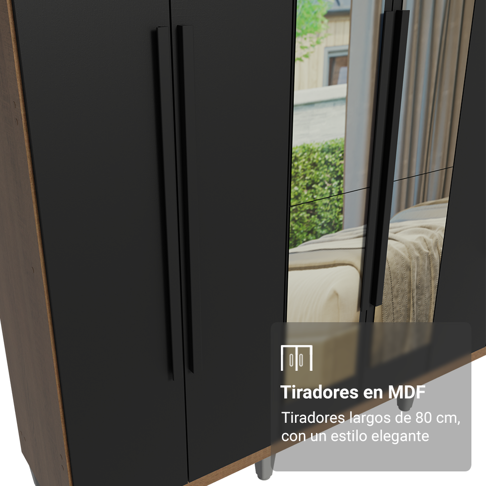 Clóset Matrimonial Venus 6 Puertas Batientes con Espejo con Patas Marrón/Negro/Negro