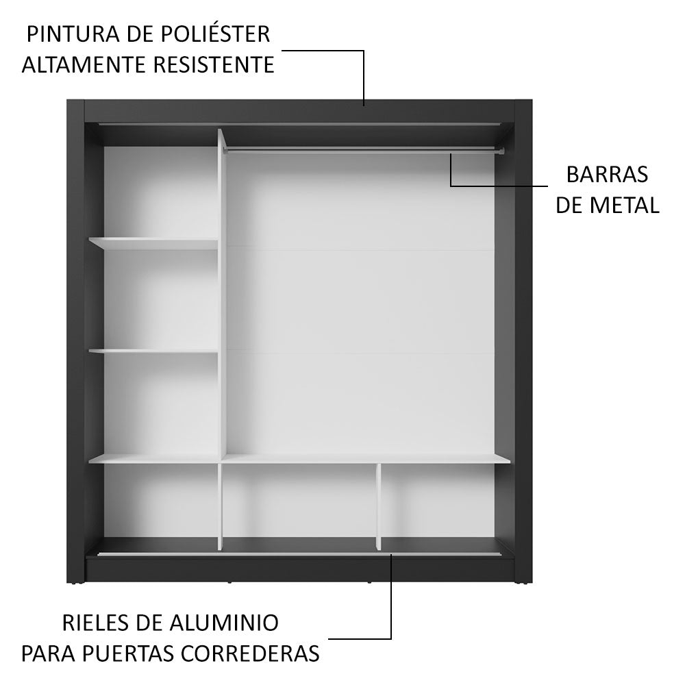 Clóset Matrimonial 3 Puertas Corredizas con Espejo Negro/Gris Nobre