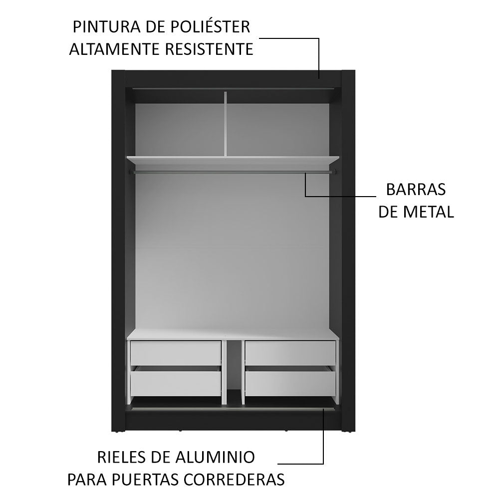 Clóset Soltero 2 Puertas Corredizas 4 Cajones Negro/Gris Vivare Plus