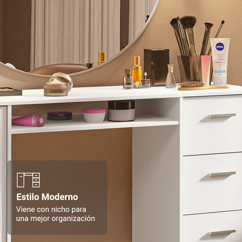 Escritorio Tocador 136cm 1 Puerta 3 Cajones Blanco