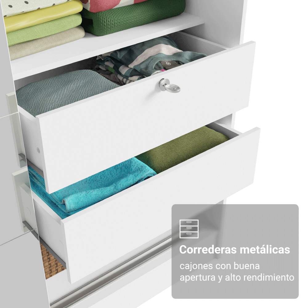 Recámara Infantil Clóset 119cm 2 Puertas 2 Cajones con Espejo y Cómoda Blanco