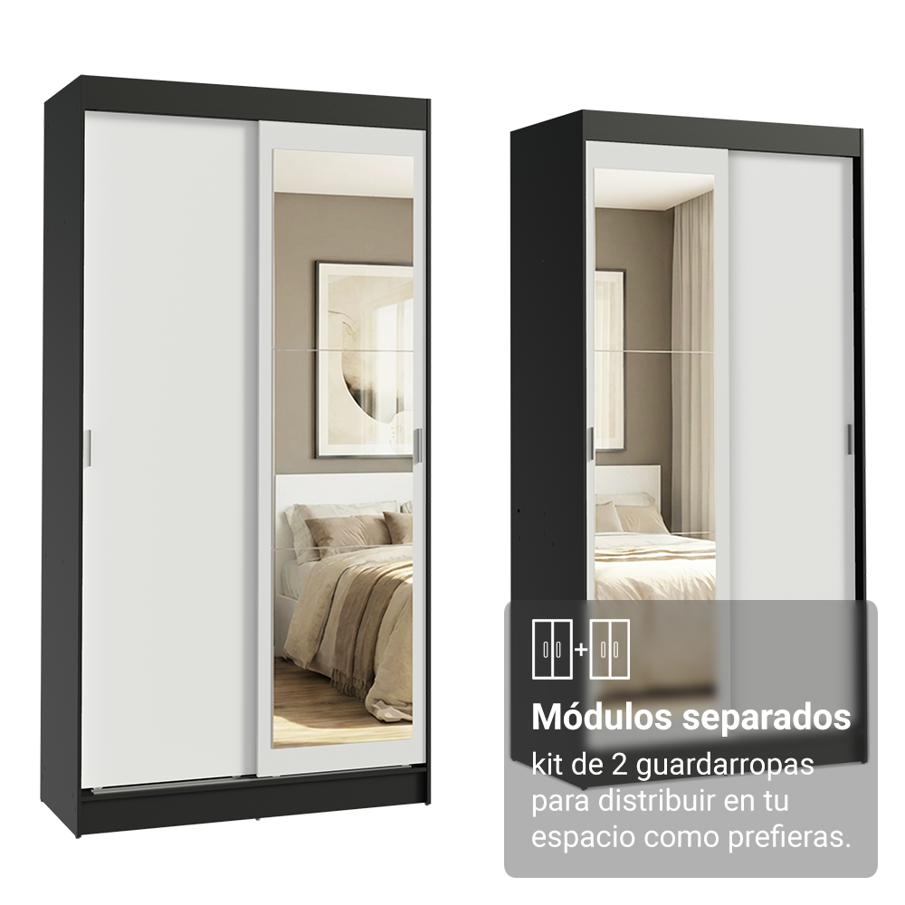 Conjunto de 2 Clósets 4 Puertas Corredizas con 2 Espejos Negro/Blanco Tokio Madesa