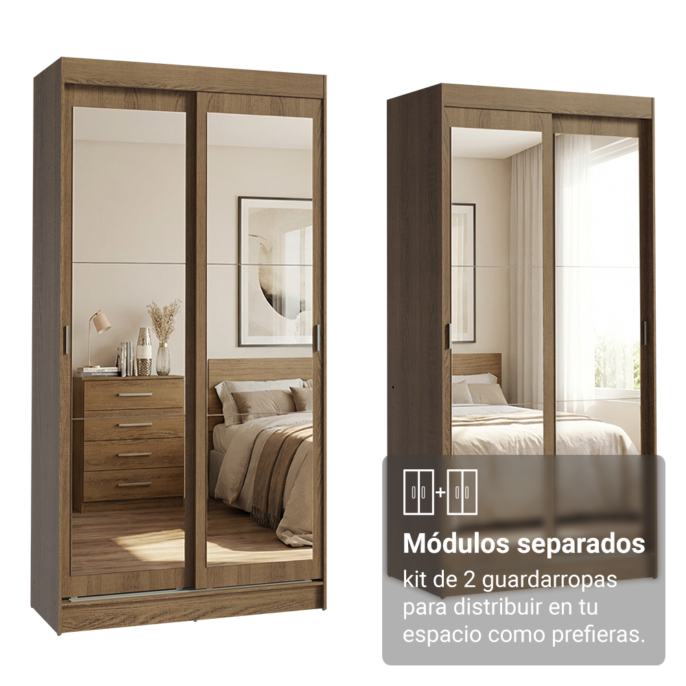 Conjunto de 2 Clósets 4 Puertas Corredizas con 4 Espejos Marrón Tokio Madesa