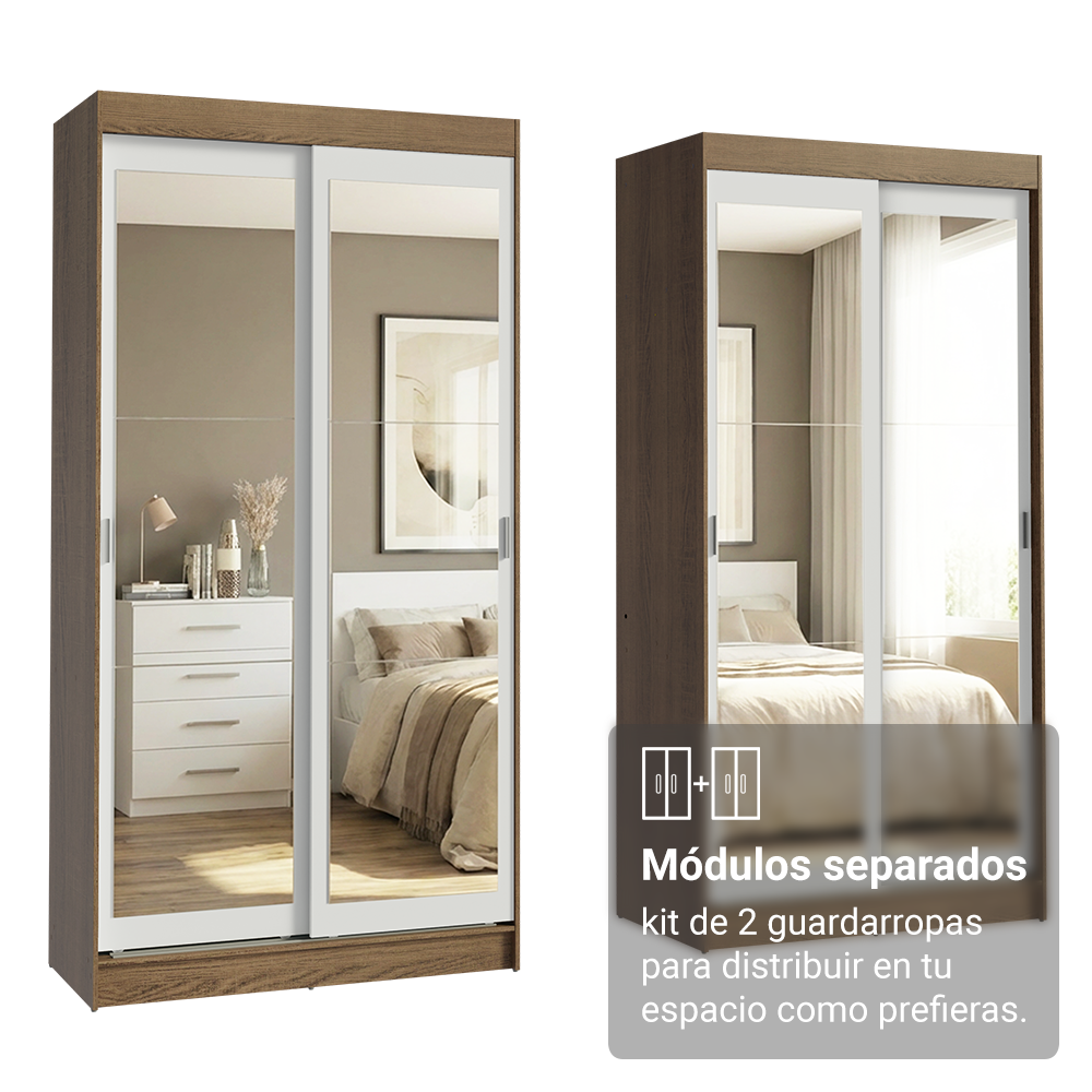 Conjunto de 2 Clósets 4 Puertas Corredizas con 4 Espejos Marrón/Blanco Tokio Madesa