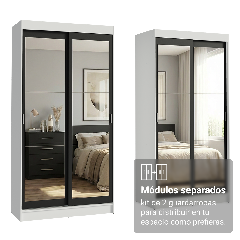 Conjunto de 2 Clósets 4 Puertas Corredizas con 4 Espejos Blanco/Negro Tokio Madesa
