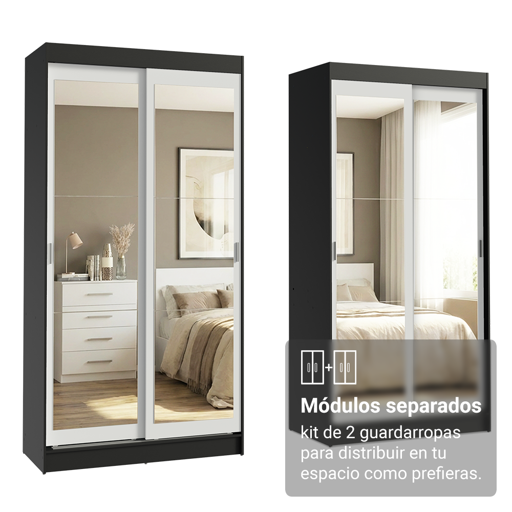 Conjunto de 2 Clósets 4 Puertas Corredizas con 4 Espejos Negro/Blanco Tokio Madesa