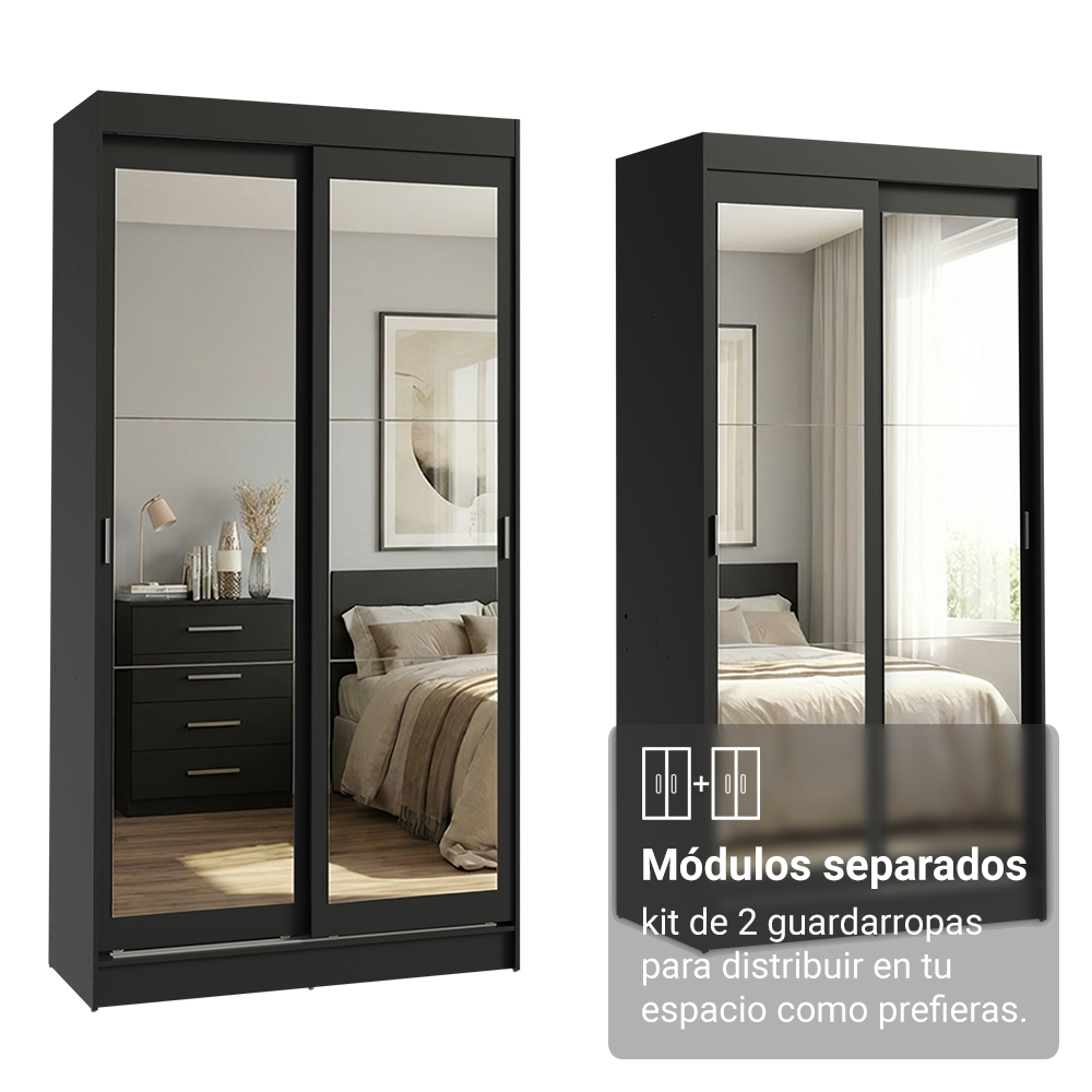 Conjunto de 2 Clósets 4 Puertas Corredizas con 4 Espejos Negro Tokio Madesa
