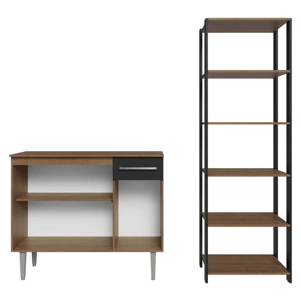 Kit Cocina Gabinete Bajo 3 Puertas 1 Cajón y Estante Despensero 5 Niveles Negro/Marrón