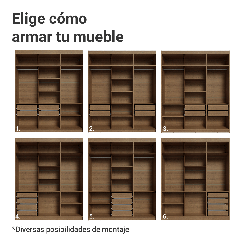 Clóset Matrimonial Venus 6 Puertas Batientes Marrón/Negro/Negro