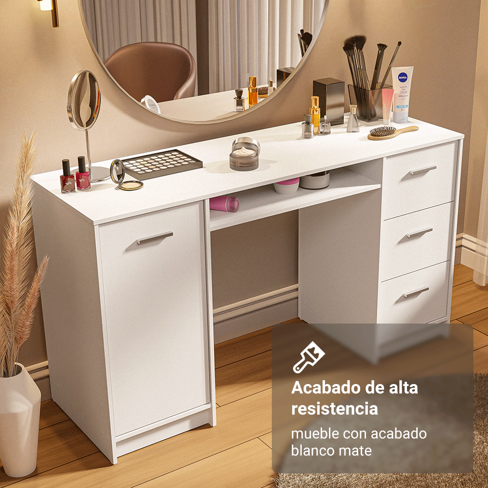 Escritorio Tocador 136cm 1 Puerta 3 Cajones Blanco