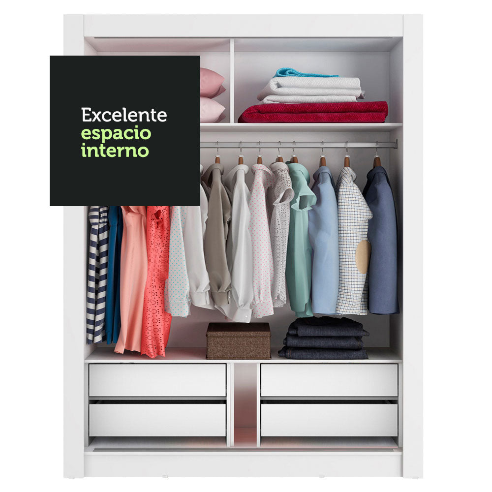 Clóset Individual Madesa Dallas Plus 2 Puertas Corredizas de Espejo 4 Cajones Blanco