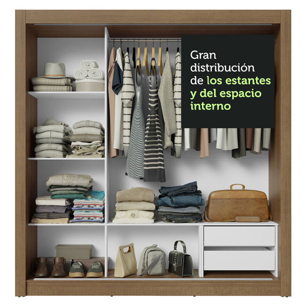 Clóset Matrimonial 3 Puertas Corredizas con Espejos 2 Cajones Marrón/Negro Sublime