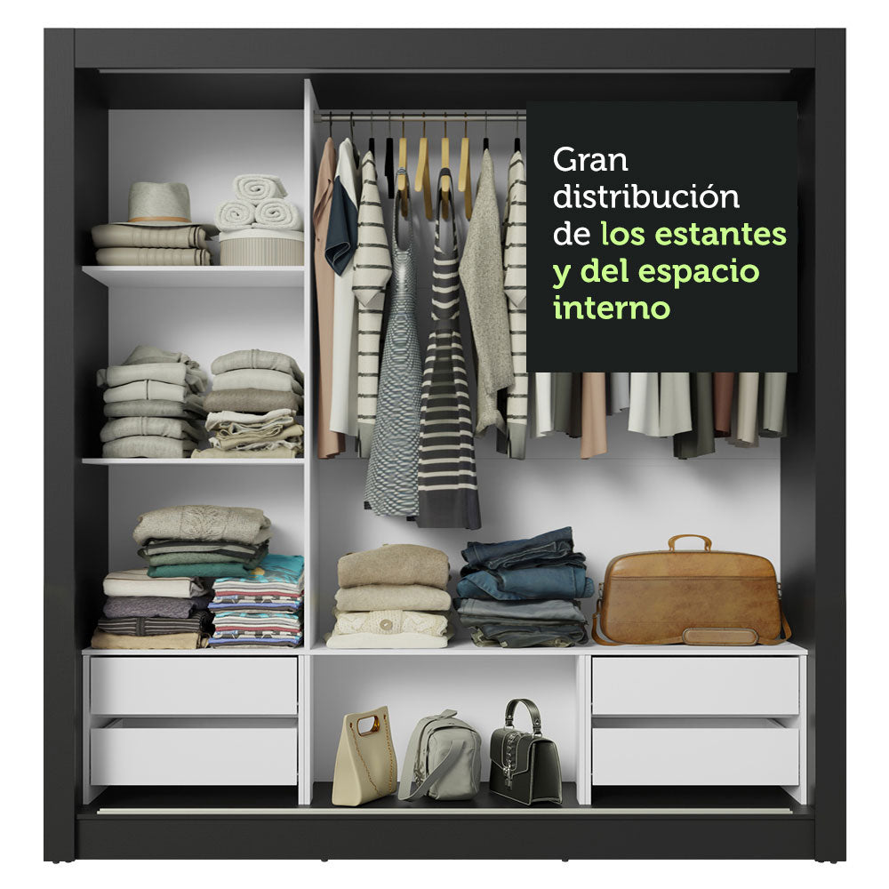 Clóset Matrimonial 3 Puertas Corredizas con Espejo 4 Cajones Negro Sublime Plus