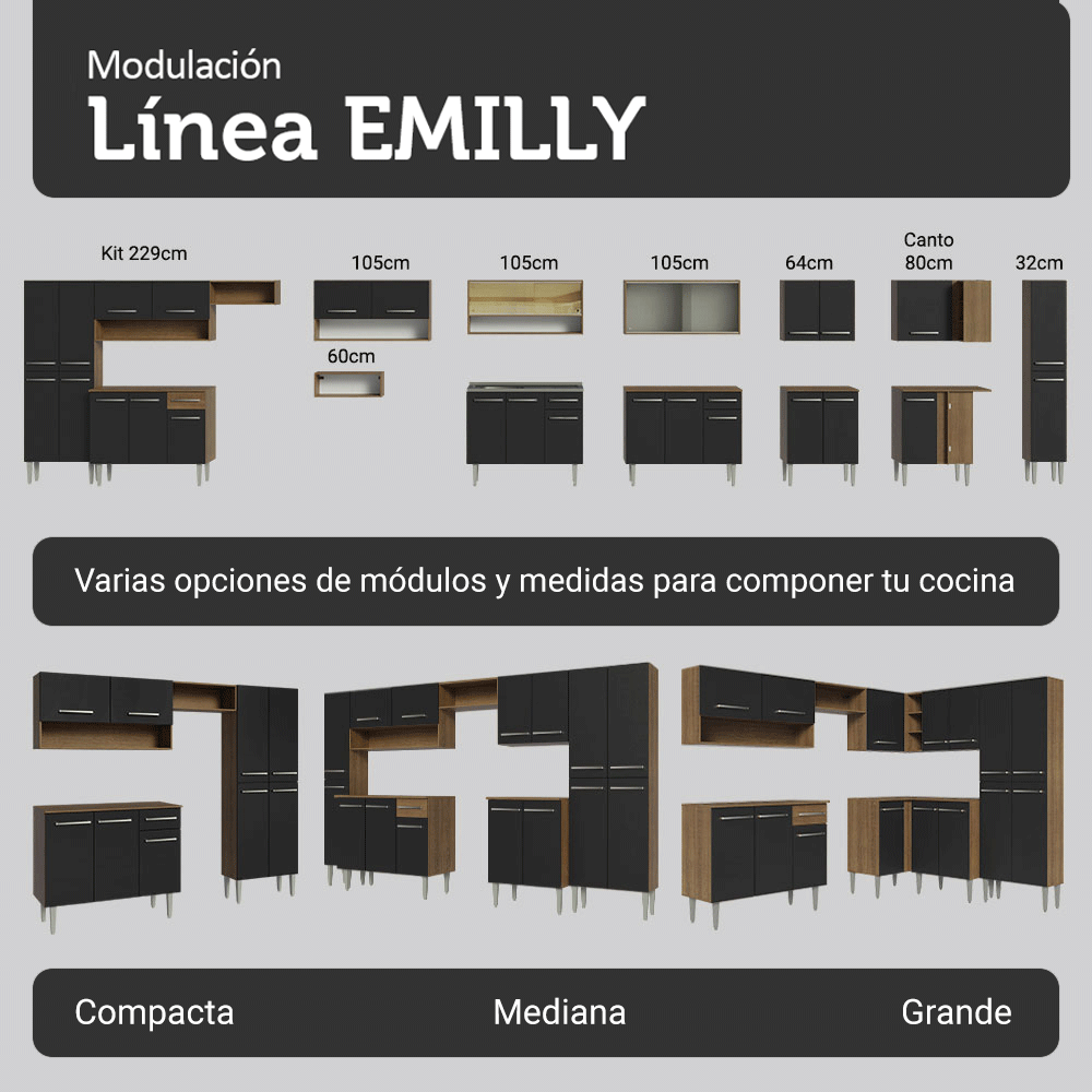 Cocina Integral 225cm Marrón/Negro Emilly Madesa 01