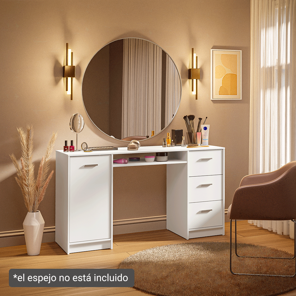 Escritorio Tocador 136cm 1 Puerta 3 Cajones Blanco