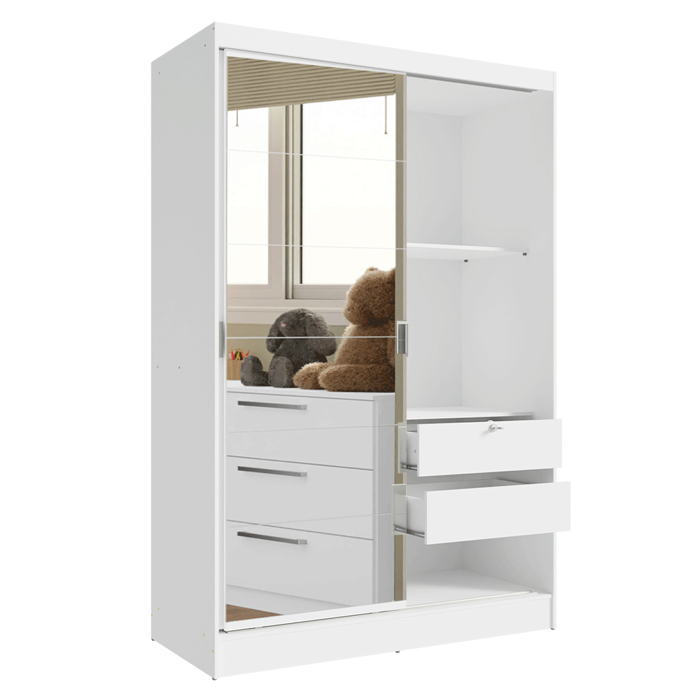 Recámara Infantil Clóset 119cm 2 Puertas 2 Cajones con Espejo y Cómoda Blanco