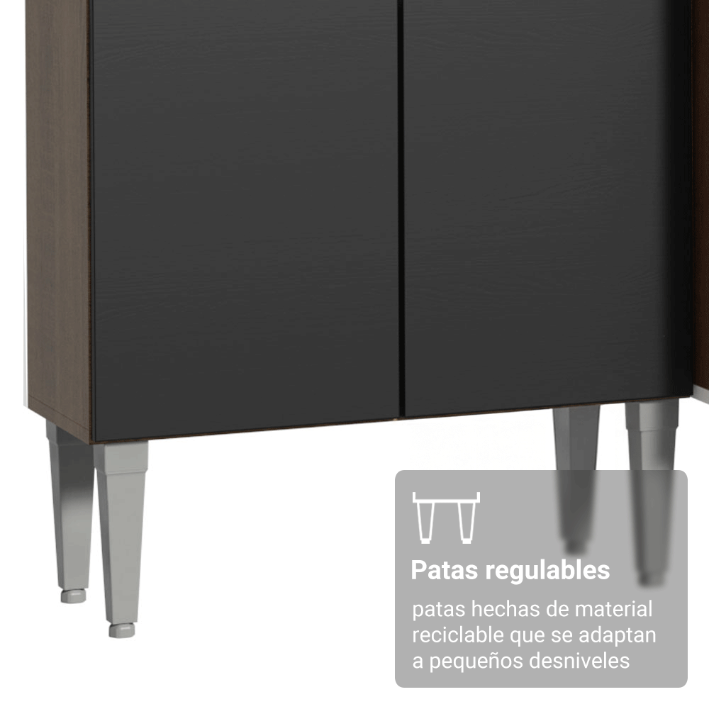 Kit Cocina Gabinete Bajo 3 Puertas 1 Cajón y Estante Despensero 5 Niveles Negro/Marrón