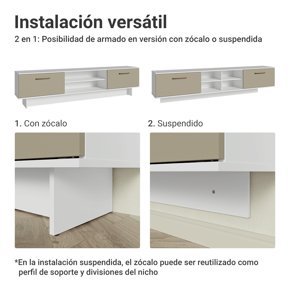 Mueble para TV Suspendido hasta 80 Pulgadas 218 cm 2 Puertas Blanco/Crema Agata Madesa