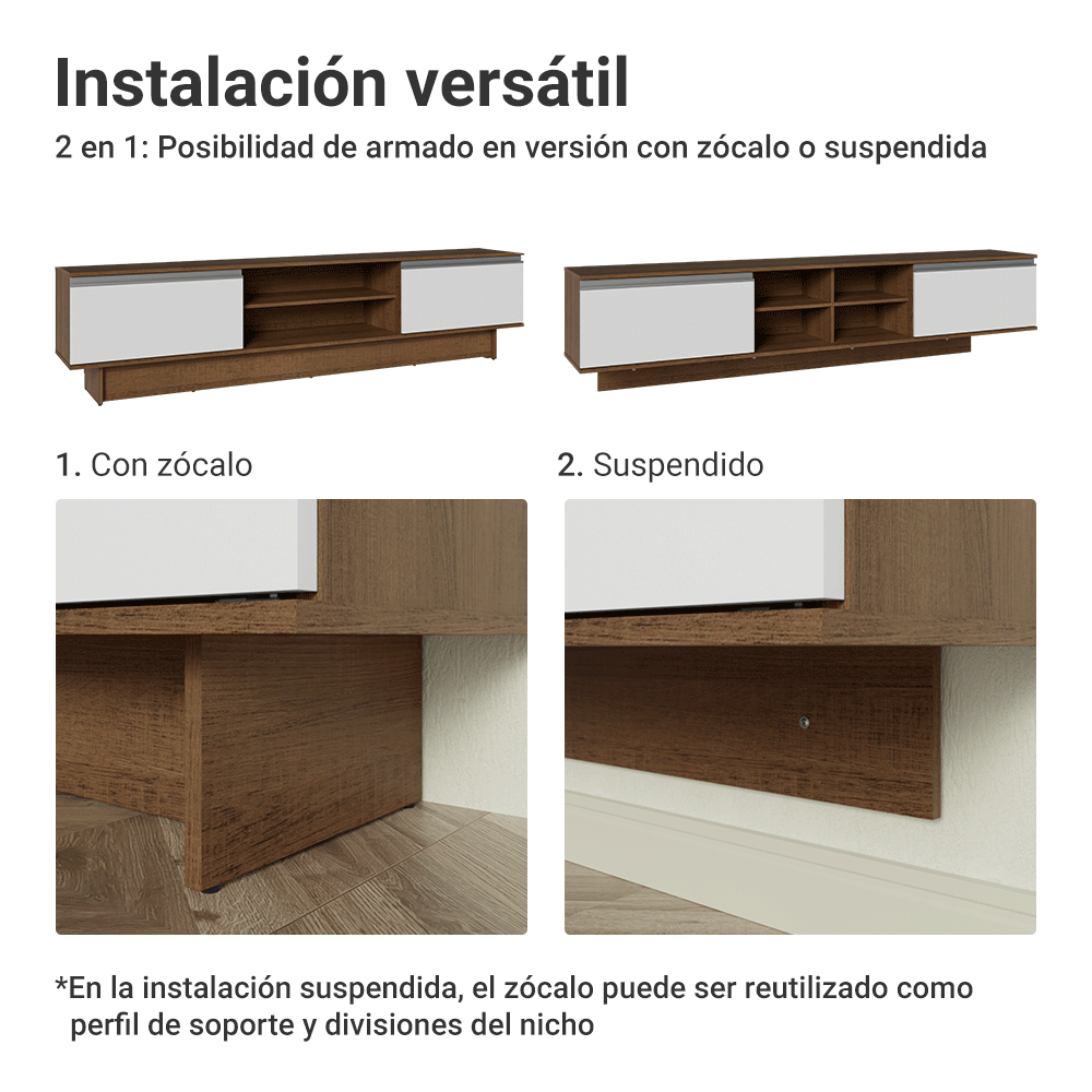 Mueble para TV Suspendido hasta 80 Pulgadas 218 cm 2 Puertas Marrón/Blanco Glamy Madesa