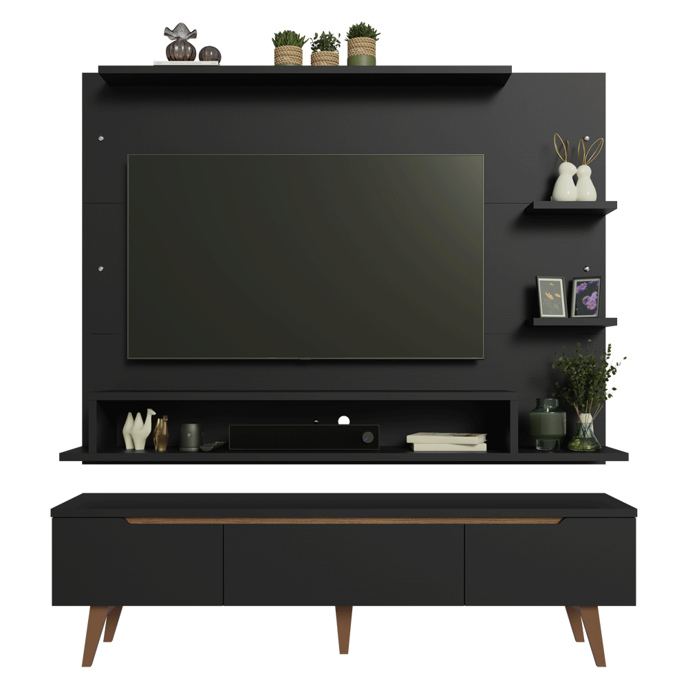 Mueble con Panel para TV hasta 60 Pulgadas 180 cm con patas Negro/Marrón Reims Madesa