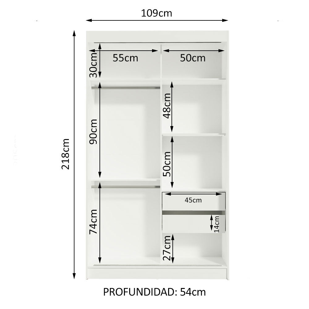Clóset Soltero Tokio 2 Puertas Correderas con Espejo 2 Cajones Blanco