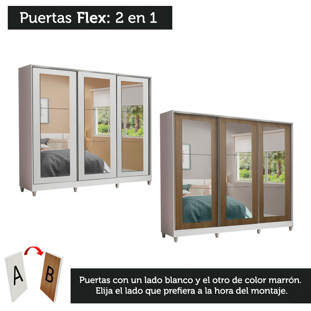Clóset Matrimonial 100% MDF 3 Puertas Corredizas con Espejos Blanco con Patas Eros
