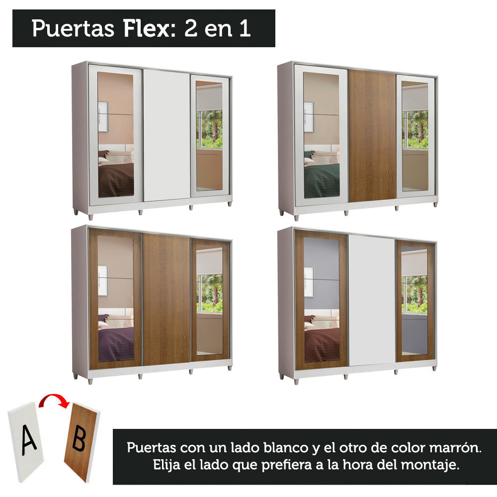 Clóset Matrimonial 100% MDF 3 Puertas Corredizas con Espejos Blanco/Marrón con Patas Eros
