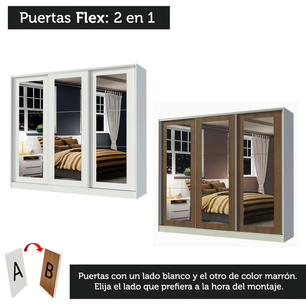 Clóset Matrimonial 100% MDF 3 Puertas Corredizas con Espejos Blanco/Marrón Eros