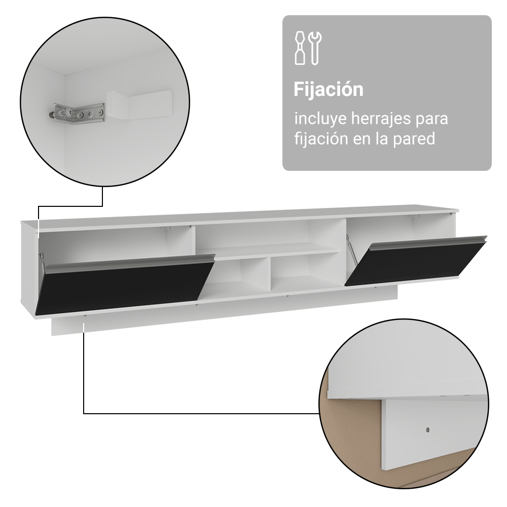 Mueble para TV Suspendido hasta 80 Pulgadas 218 cm 2 Puertas Blanco/Negro Glamy Madesa