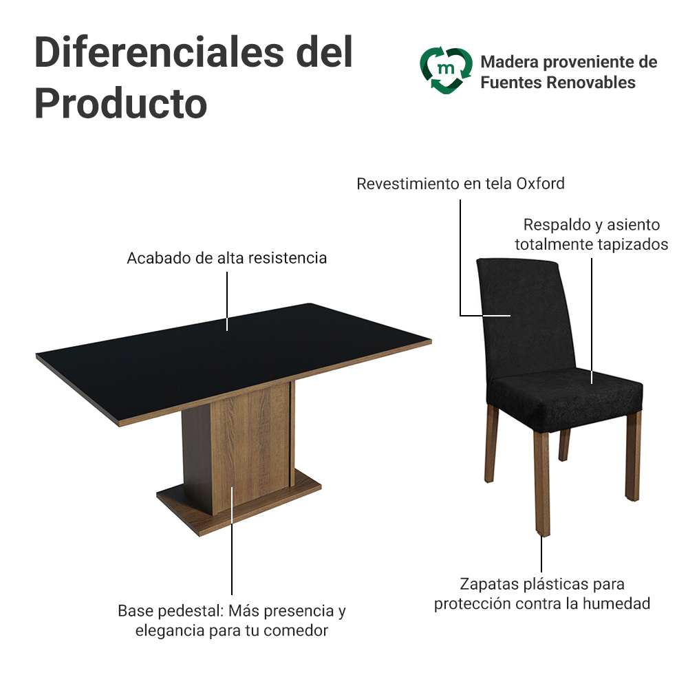 Juego de Comedor Mesa con Encimera de Madera 6 Sillas Marrón/Negro/Oxford Renata