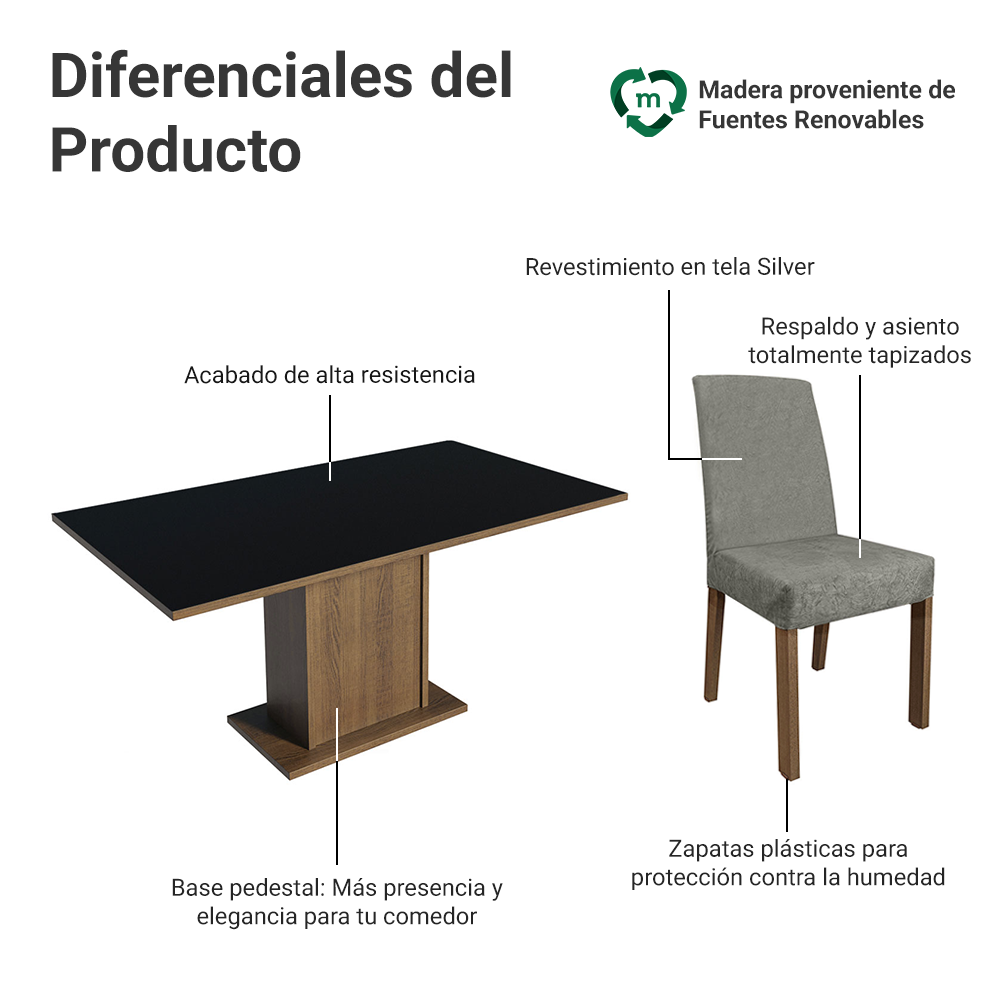 Juego de Comedor con Mesa con Encimera y 6 Sillas Marrón/Negro/Silver Renata