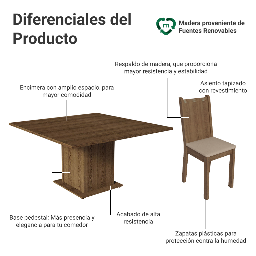 Juego de Comedor con Mesa de Madera y 8 Sillas Marrón con Tapizado Sintético Beige Madesa Clarice