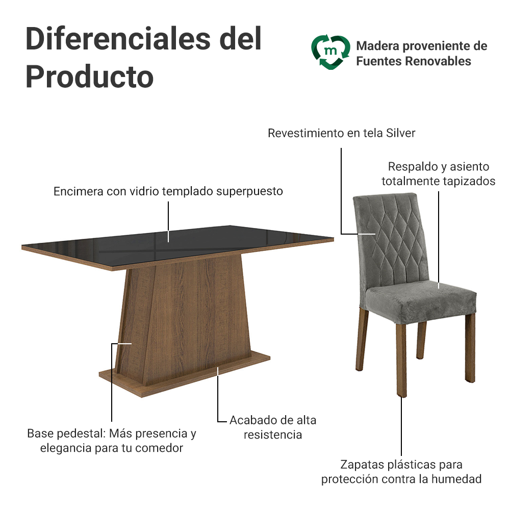 Juego de Comedor Mesa con Encimera de Madera 6 Sillas Marrón/Negro/Silver Britney