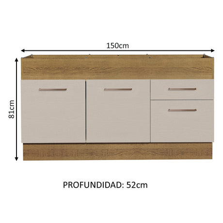 Mueble de Cocina Para Fregadero 150 cm 2 Puertas y 2 Cajones (Sin Tablero Ni Fregadero) Marrón/Crema Agata Madesa
