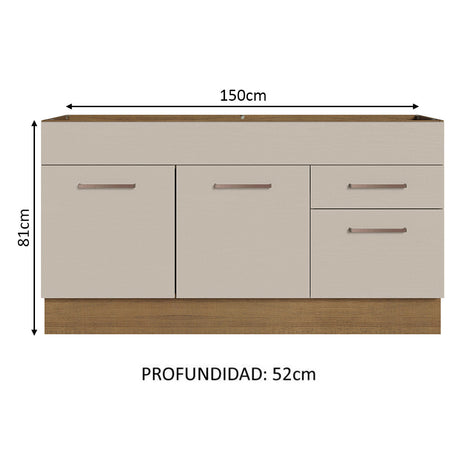 Mueble de Cocina Para Fregadero 150 cm 2 Puertas y 2 Cajones (Sin Tablero Ni Fregadero) Marrón/Crema Agata Madesa