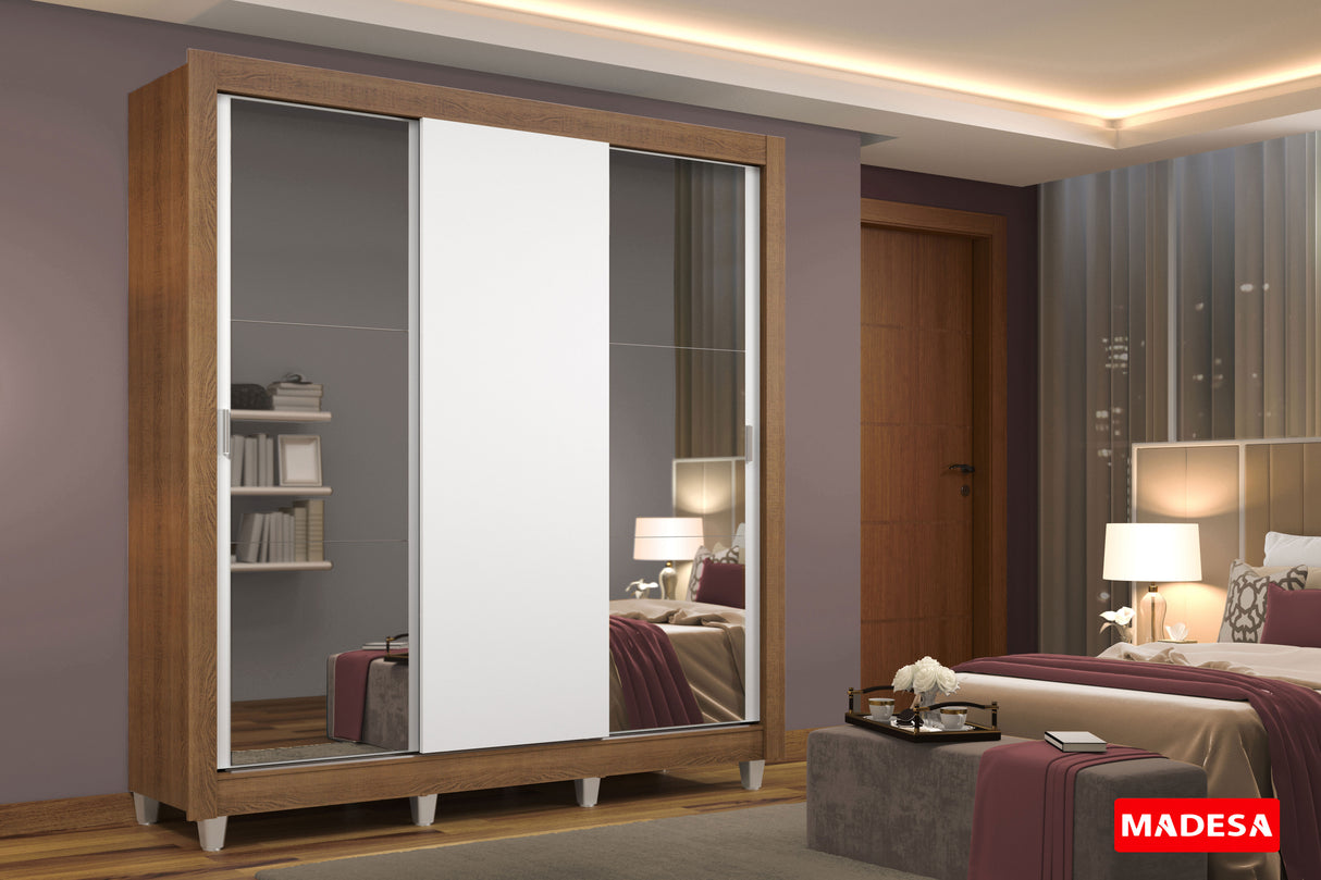 Clóset Matrimonial 3 Puertas Corredizas con Espejos con Patas Marrón/Blanco Monaco