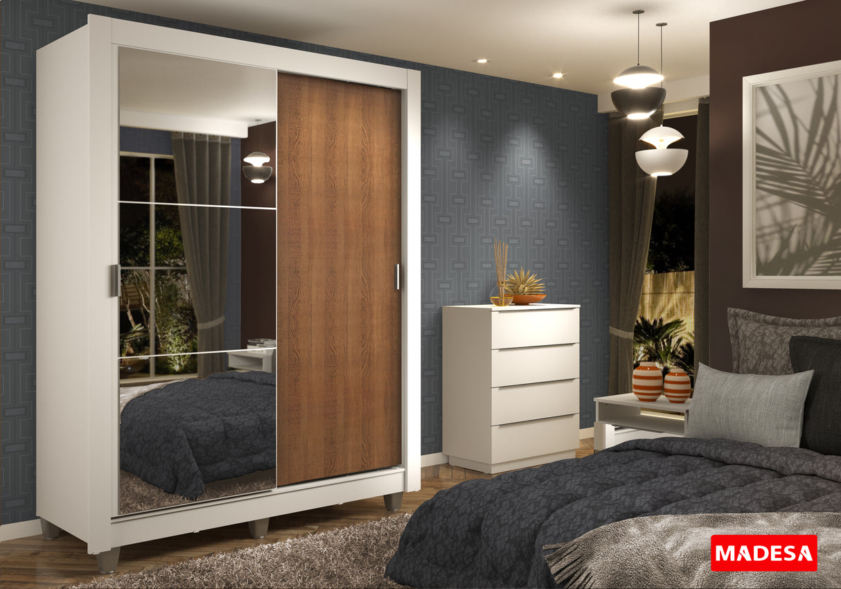 Clóset Soltero 2 Puertas Corredizas Espejo 2 Cajones con Patas Blanco/Marrón Dallas