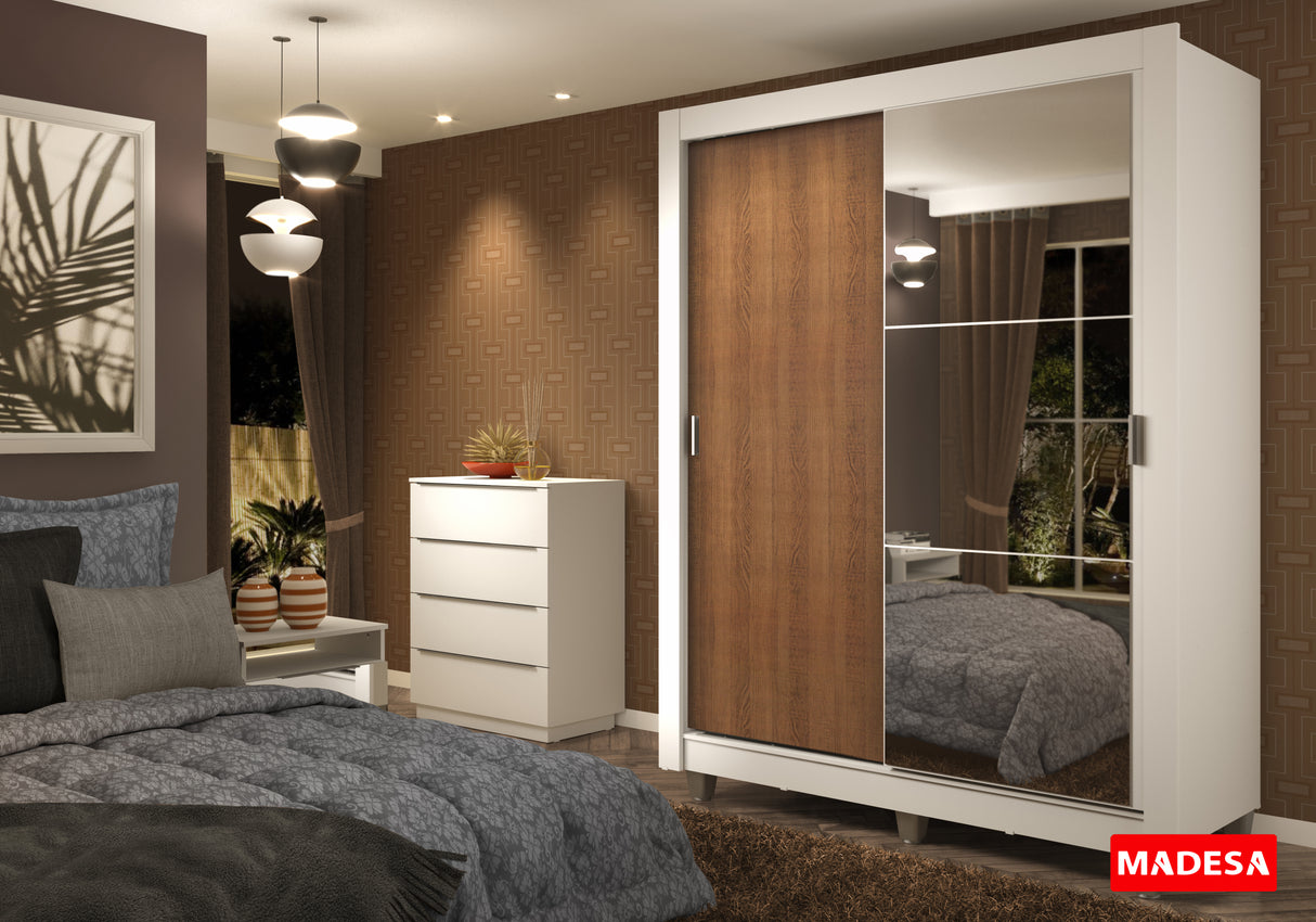 Clóset Soltero 2 Puertas Corredizas Espejo 4 Cajones con Patas Blanco/Marrón Dallas Plus