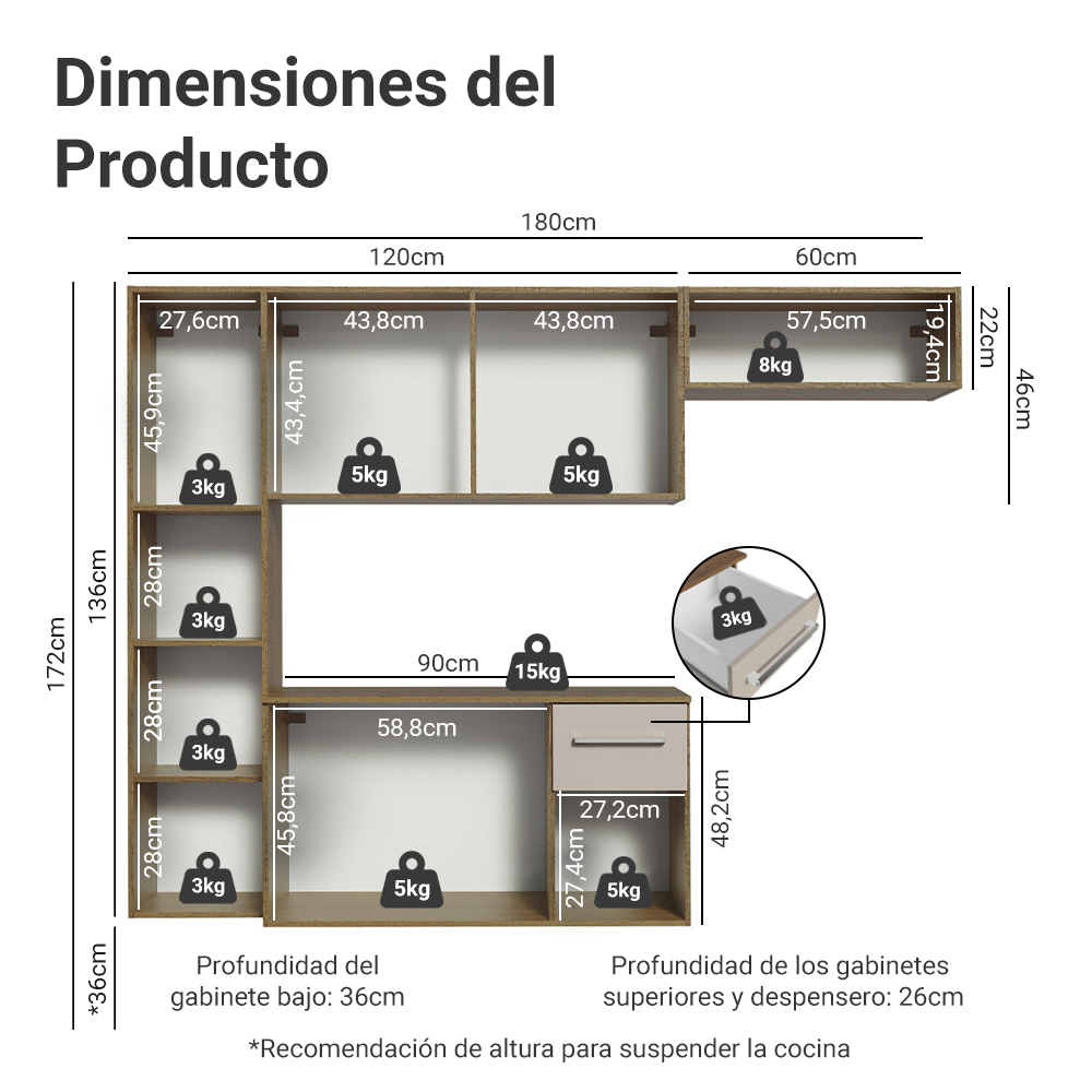 Cocina Compacta 180cm Marrón/Crema Easy